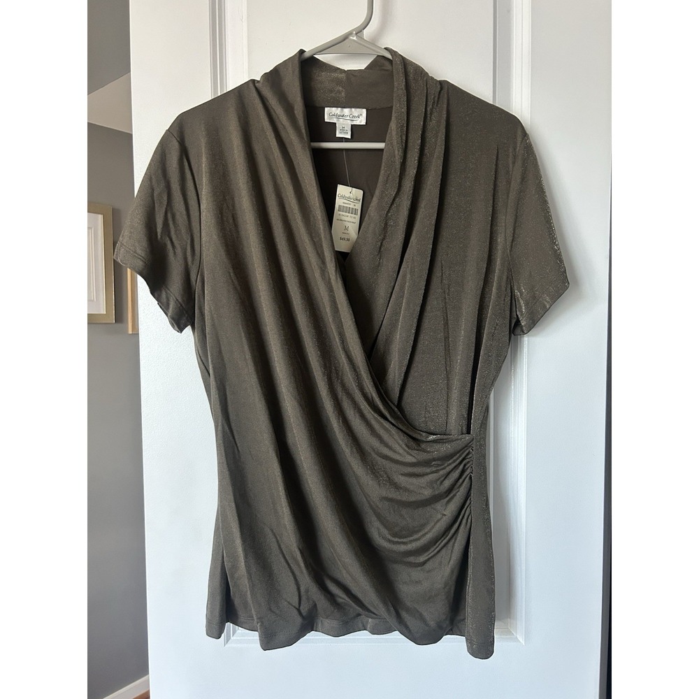 Coldwater Creek NWT Green Short Sleeve T-Shirt Draped Ruched Front Size Medium